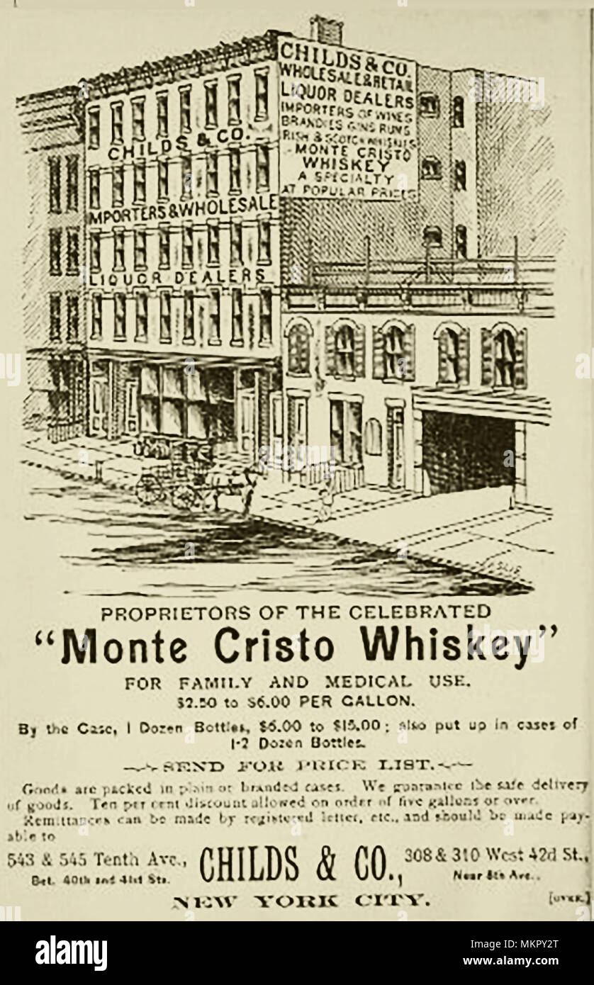 Un 1890 pubblicità che mostra la New York locali del Monte Cristo Whiskey (Childs & Co.) - venduto per uso medico e di uso familiare dal gallone Foto Stock