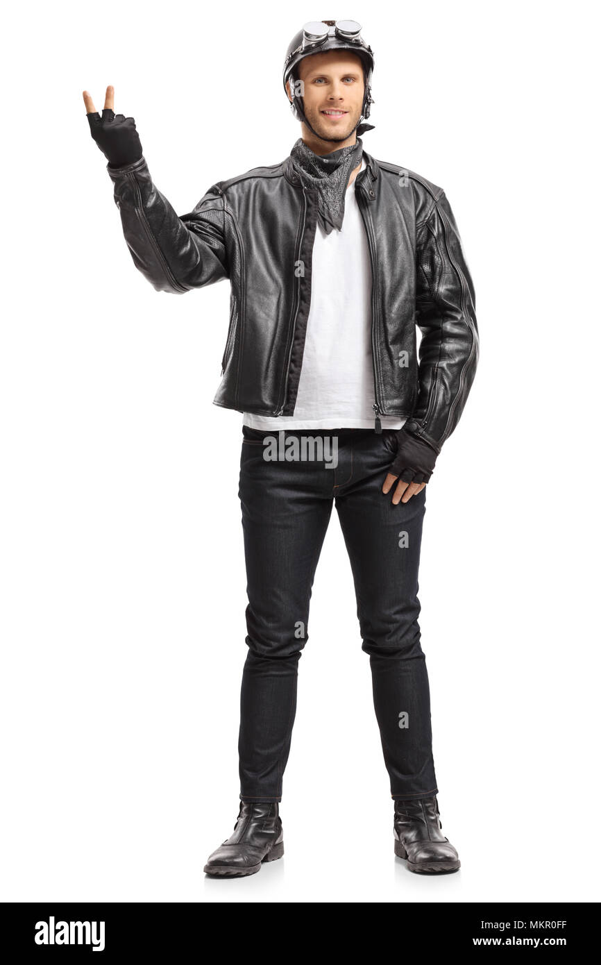 A piena lunghezza Ritratto di un ciclista facendo un gesto di pace isolato su sfondo bianco Foto Stock