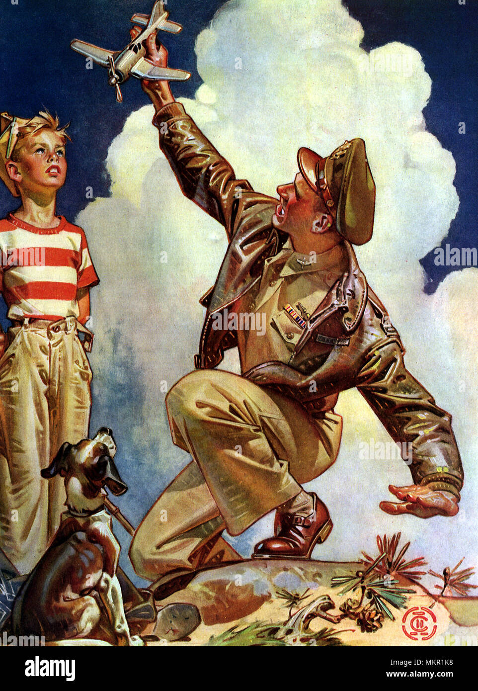 Riproduzione di pilota con Toy piano e figlio Foto Stock