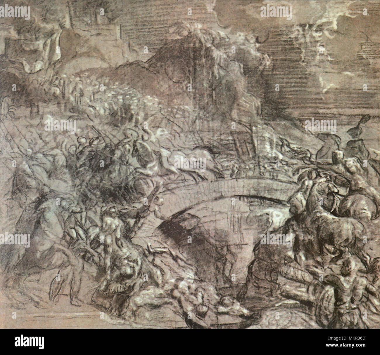 Scena di battaglia nei pressi di un ponte 1550 Foto Stock