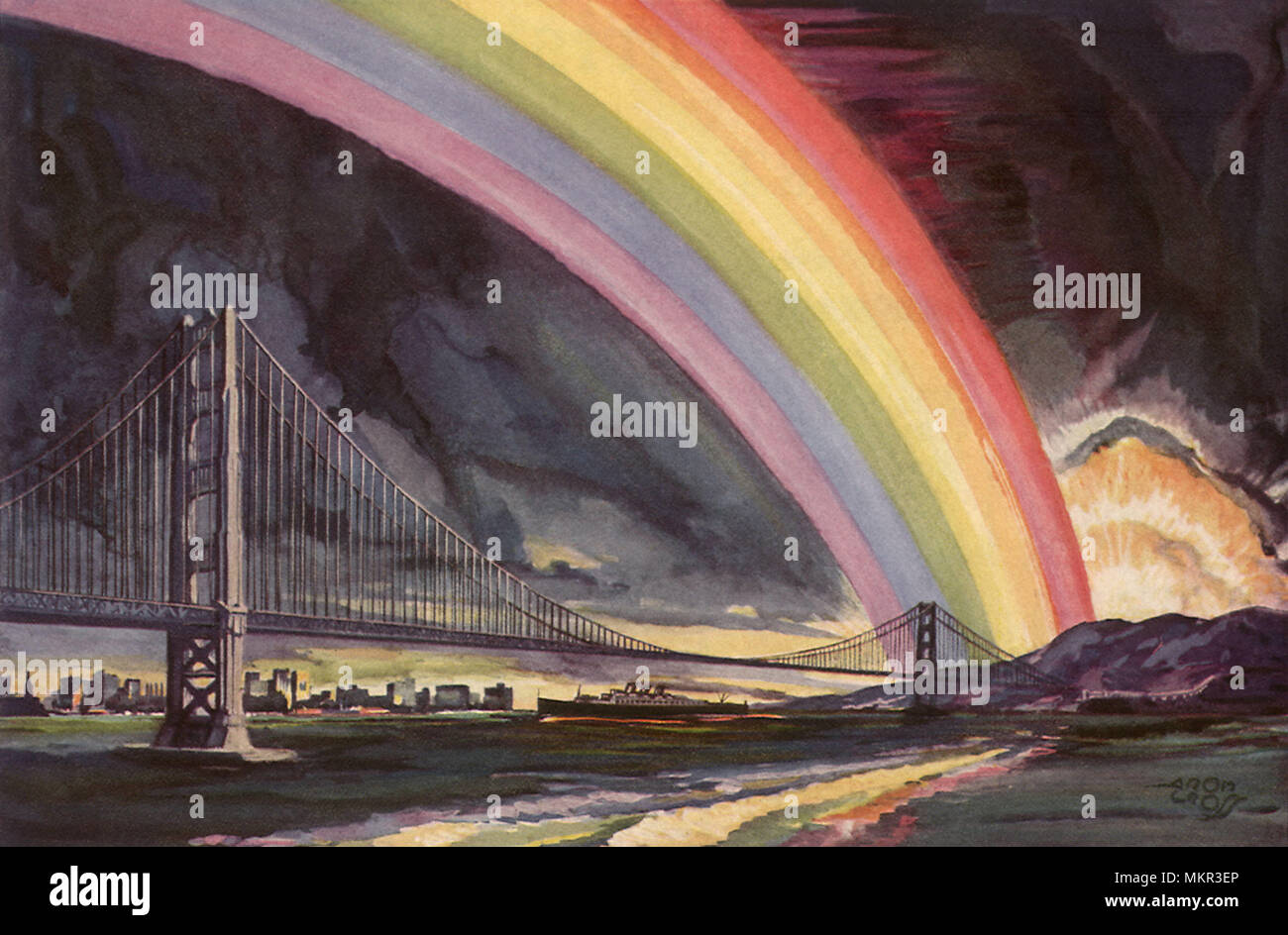 Rainbow oltre il ponte Foto Stock