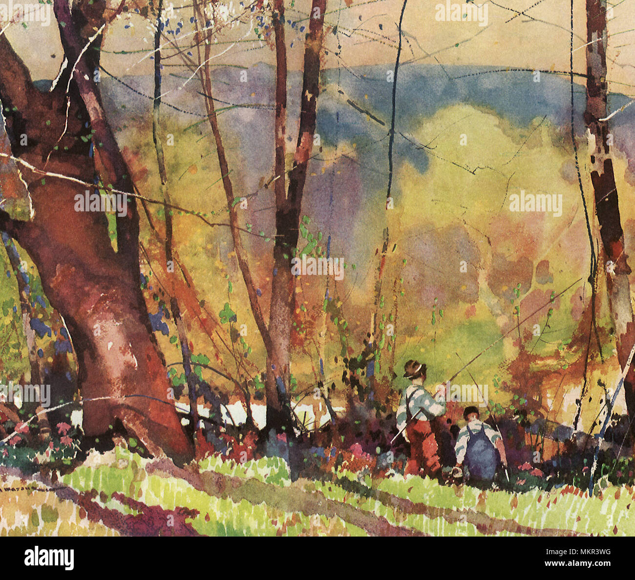 Ragazzi andare a pesca nel bosco Foto Stock