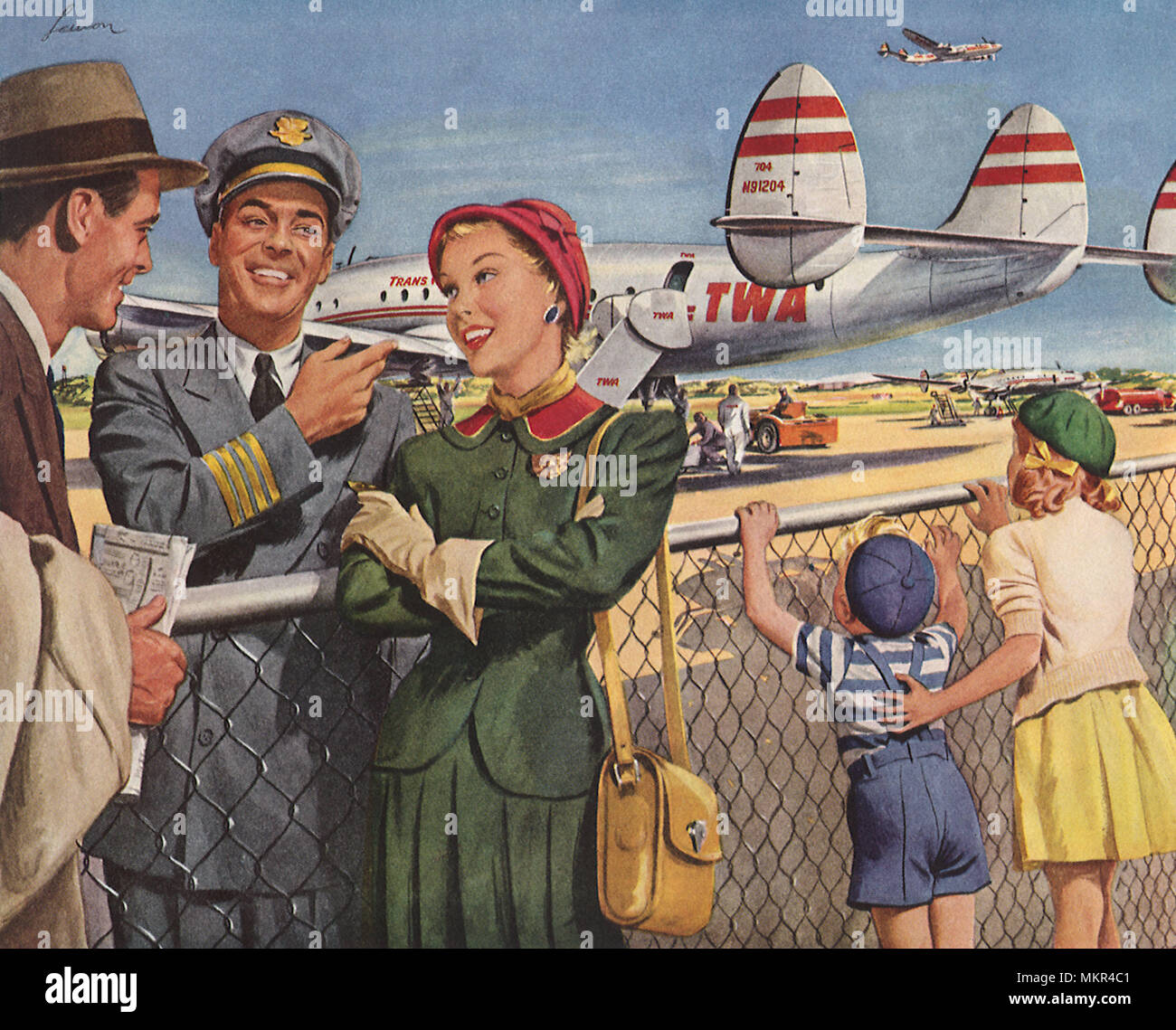 Giovane chat con pilota di linea Foto Stock