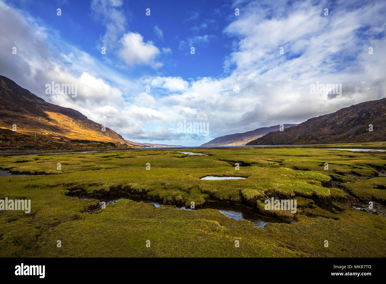 Poco Loch scopa in northern Highlands della Scozia - una vista a bassa marea verso il mare con la pendenza di un Teallach (3,484 piedi) sulla sinistra. Foto Stock