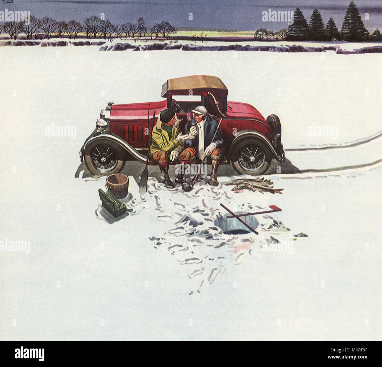 Pesca sul ghiaccio Men relax accanto alla macchina Foto Stock