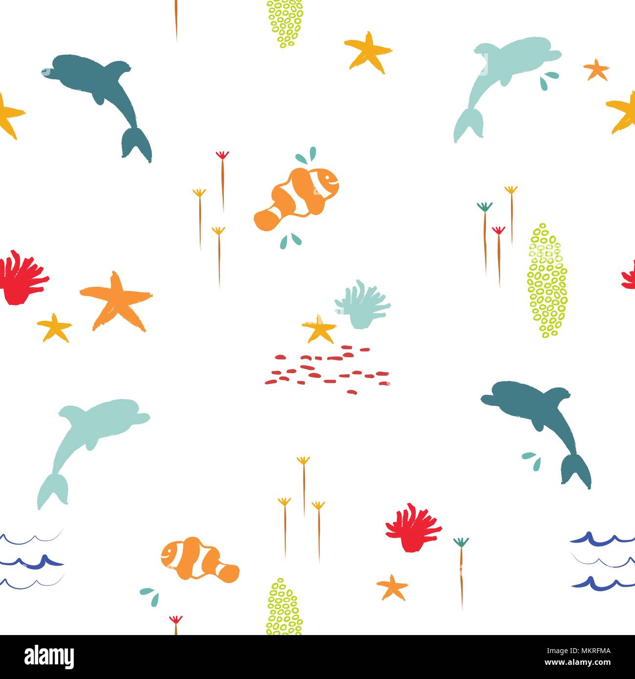 In estate la vita di mare seamless pattern con sfondo disegnato a mano le icone di animale di Dolphin, clownfish, corallo e stelle marine. EPS10 vettore. Illustrazione Vettoriale