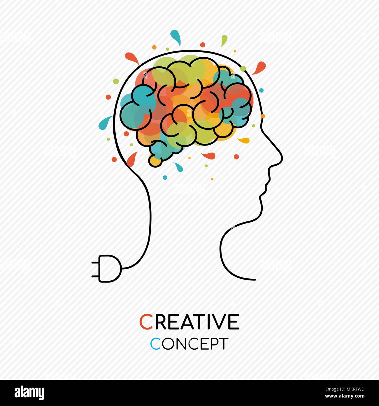 Il pensiero creativo concetto stile contorno illustrazione con testa umana come filo di alimentazione e colorate opere d'arte splash cervello. EPS10 vettore. Illustrazione Vettoriale
