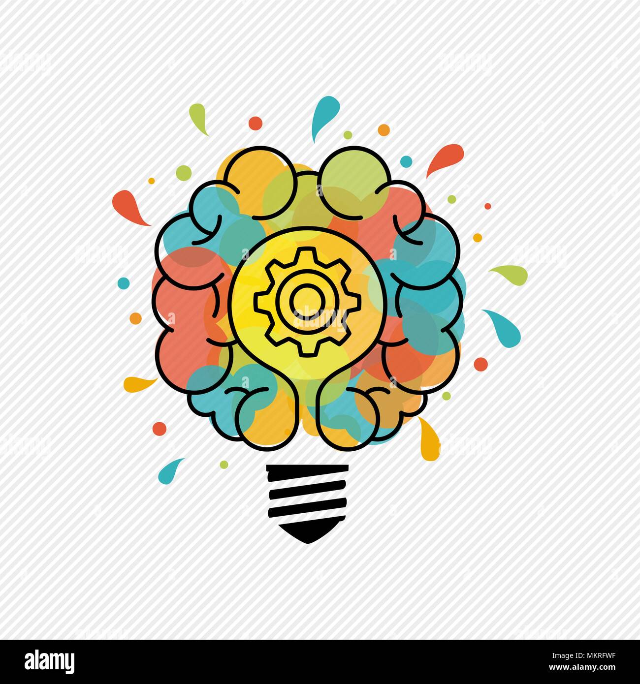 Nuove idee creative concetto illustrazione della lampadina elettrica con lampada e cervello umano in una colorata arte splash e contorno stile. EPS10 vettore. Illustrazione Vettoriale
