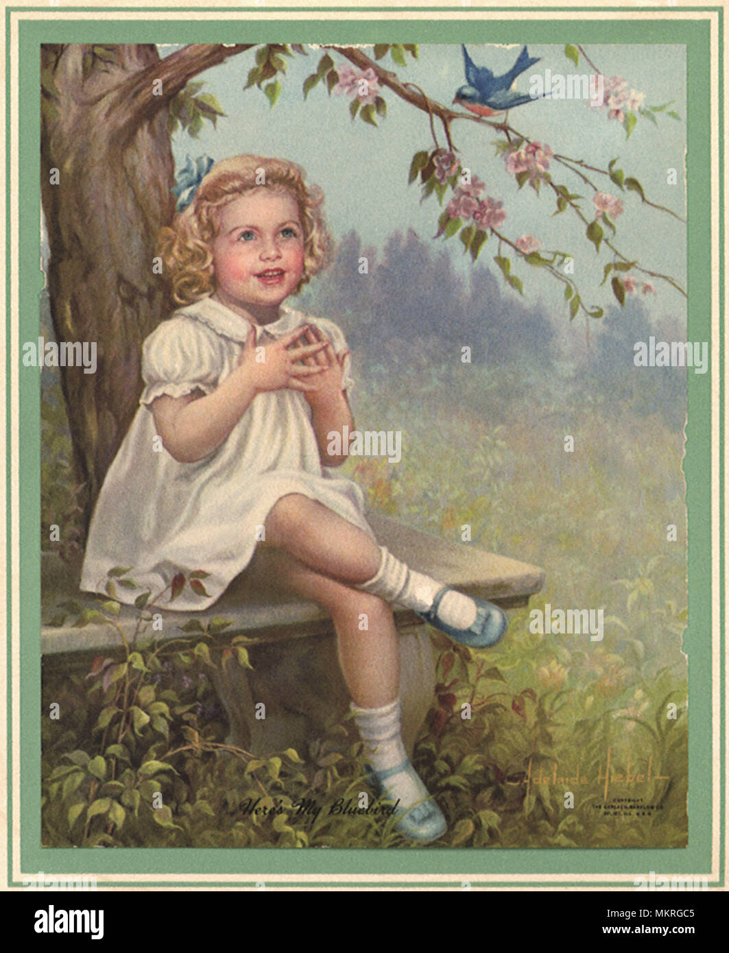 Ragazza seduta sul banco la visione di Blue Bird Foto Stock