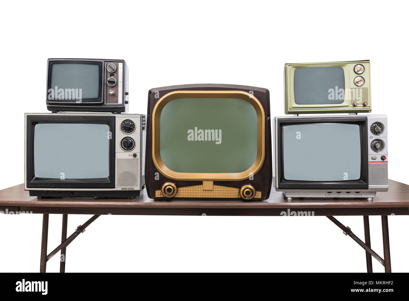 Cinque televisori vintage isolato su bianco con percorso di clipping. Foto Stock