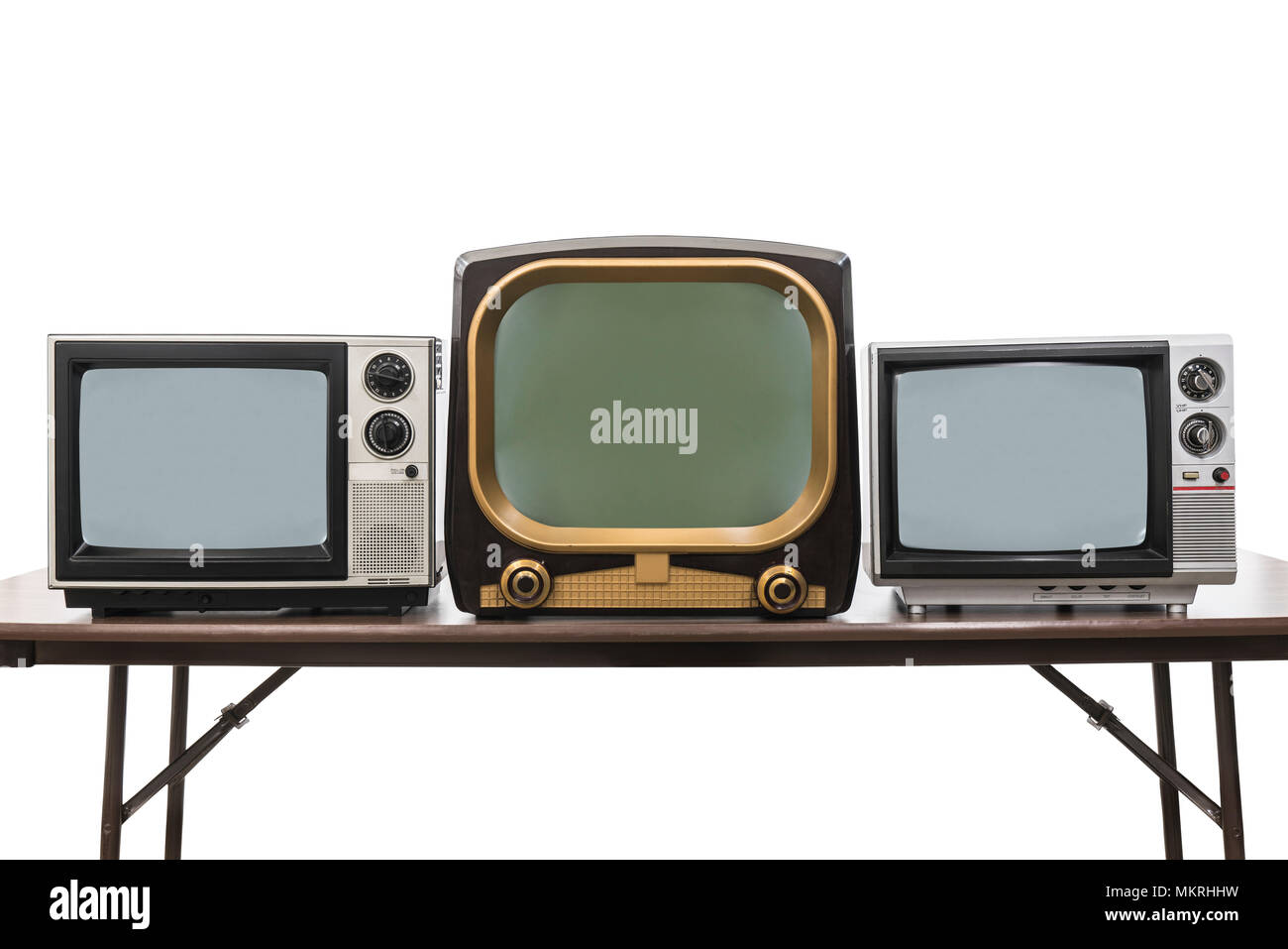 Tre televisori vintage isolato su bianco con percorso di clipping. Foto Stock