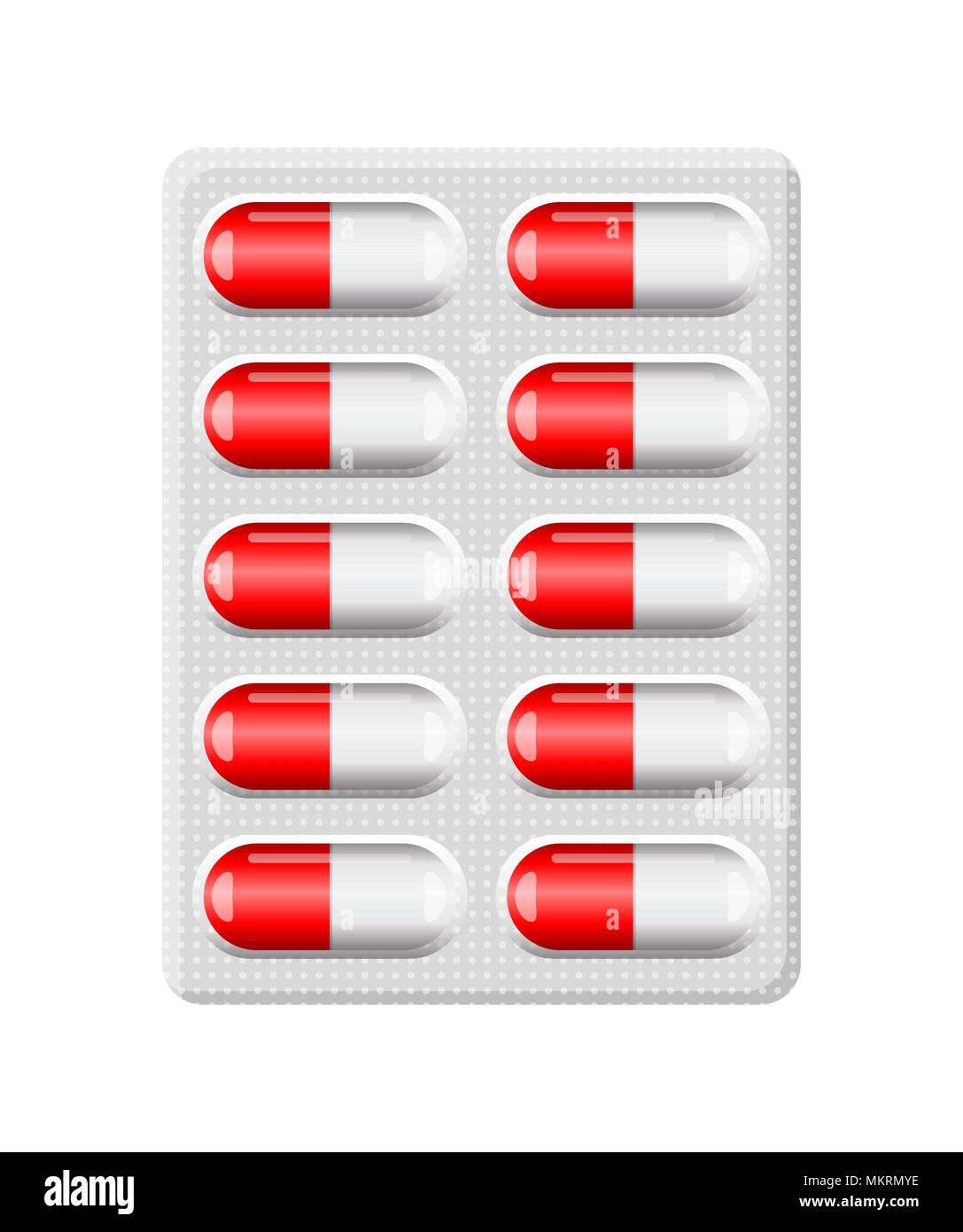 Capsula rossa pillola blister isolati su sfondo bianco Illustrazione Vettoriale