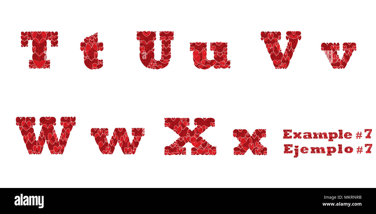 Lettere T, U, V, W, X, lettere maiuscole e minuscole dell'alfabeto realizzato da cuori Foto Stock