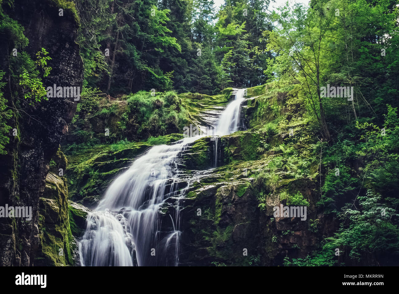 Bella cascata nelle montagne del sud della Polonia. Foto Stock