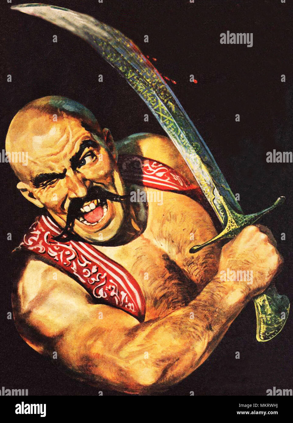 Un pirata che attacca con una spada insanguinata Foto Stock