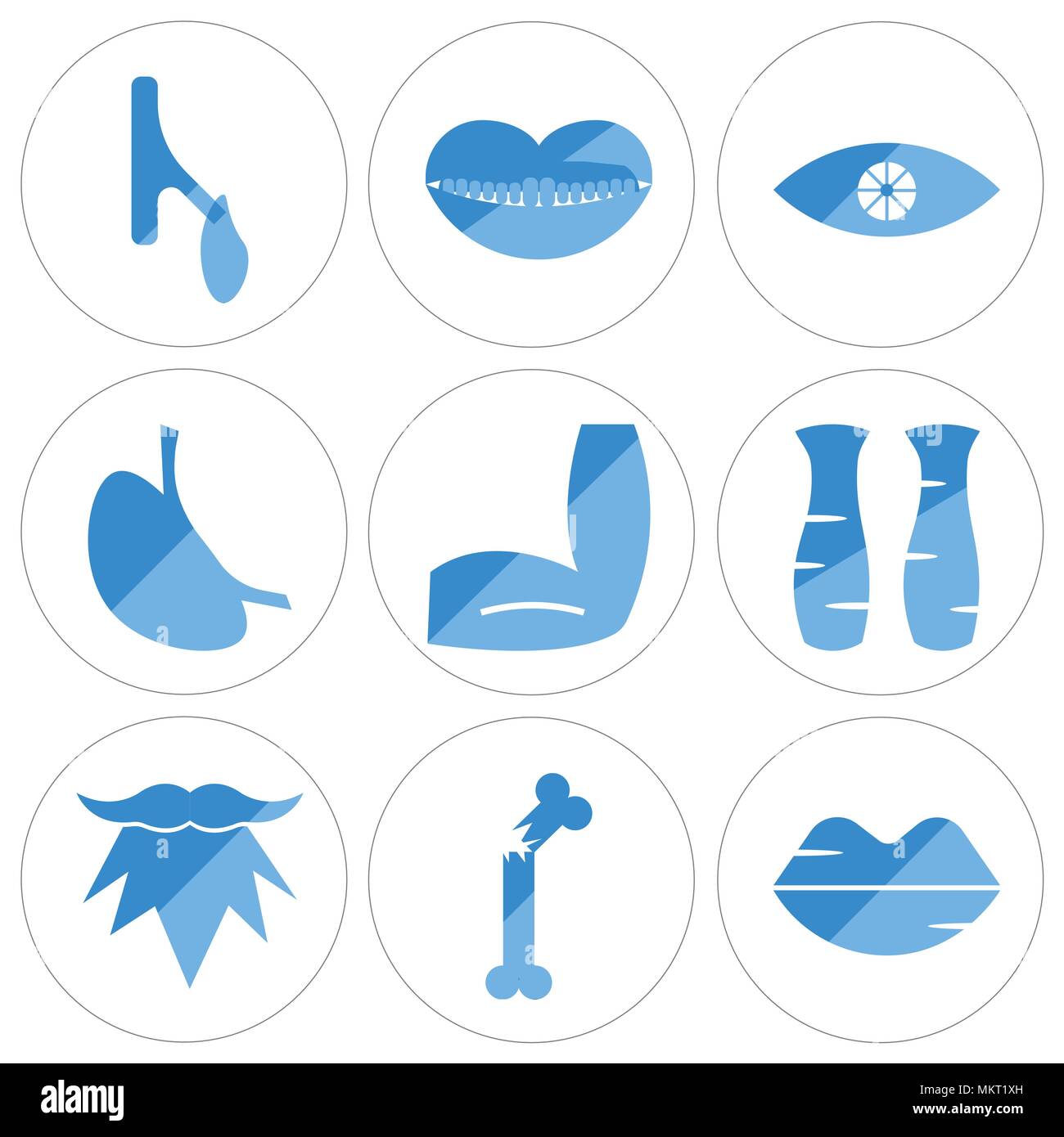 Set di 9 semplici icone modificabili quali labbra umane, osso rotto gli uomini la barba, lato posteriore delle gambe, gomito, dello stomaco con liquidi, occhio bocca aperta, cistifellea, Illustrazione Vettoriale