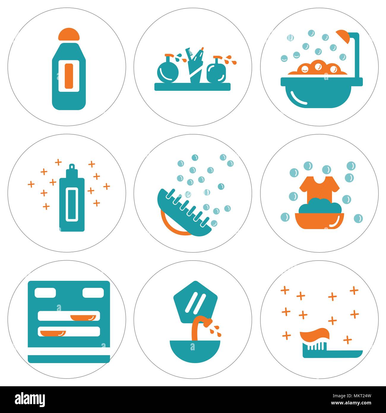 Set di 9 semplici icone modificabile come uno spazzolino da denti, lavandino, lavastoviglie, lavaggio, spazzola, crema, vasca, mensola, candeggina, può essere usato per il mobile, web Illustrazione Vettoriale