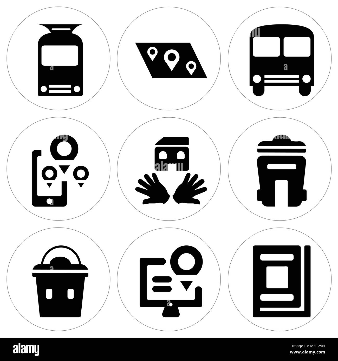 Set di 9 semplici icone modificabile come libreria, Mappa, Lunchbox, Bin, House, fermata Bus, Tram, può essere usato per il mobile, web Illustrazione Vettoriale