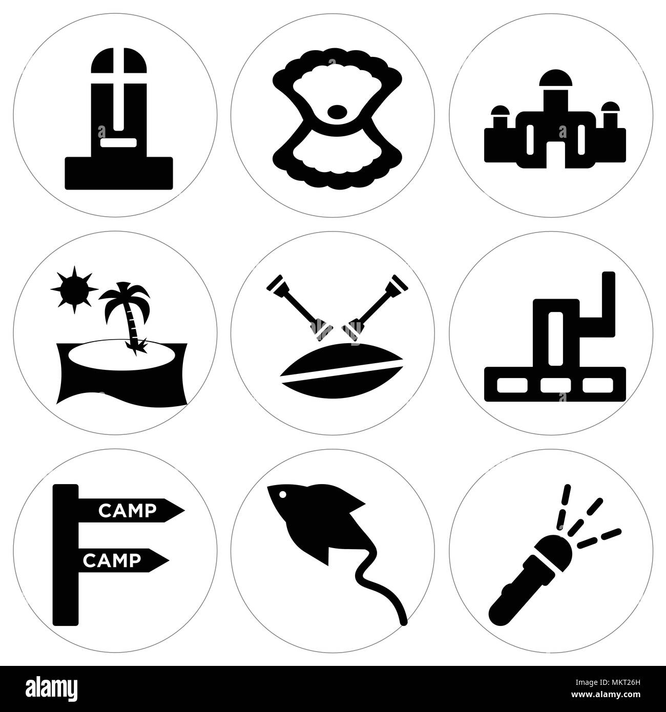 Set di 9 semplici icone modificabile come torcia elettrica, Manta ray Camp, Grand Canyon, canoa, spiaggia tramonto, Taj Mahal, Big Shell, Moais, può essere utilizzato per i mo Illustrazione Vettoriale