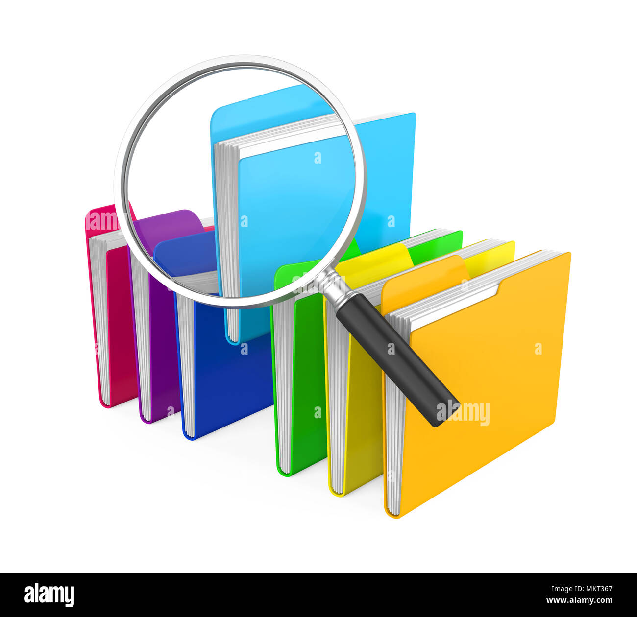 Cartelle e lente di ingrandimento isolato. Ricerca di file di concetto Foto Stock