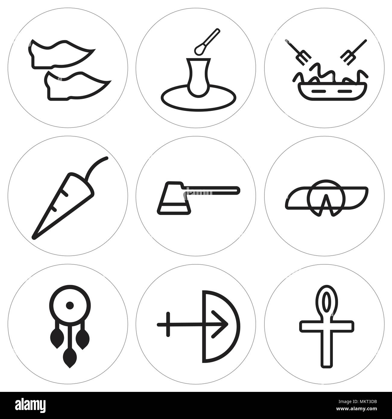 Set di 9 semplici icone modificabili quali Ankh, prua, Dreamcatcher, Fortune cookie, caffè, peperoncino, Pasta, tè, scarpe, può essere usato per il mobile, web Illustrazione Vettoriale