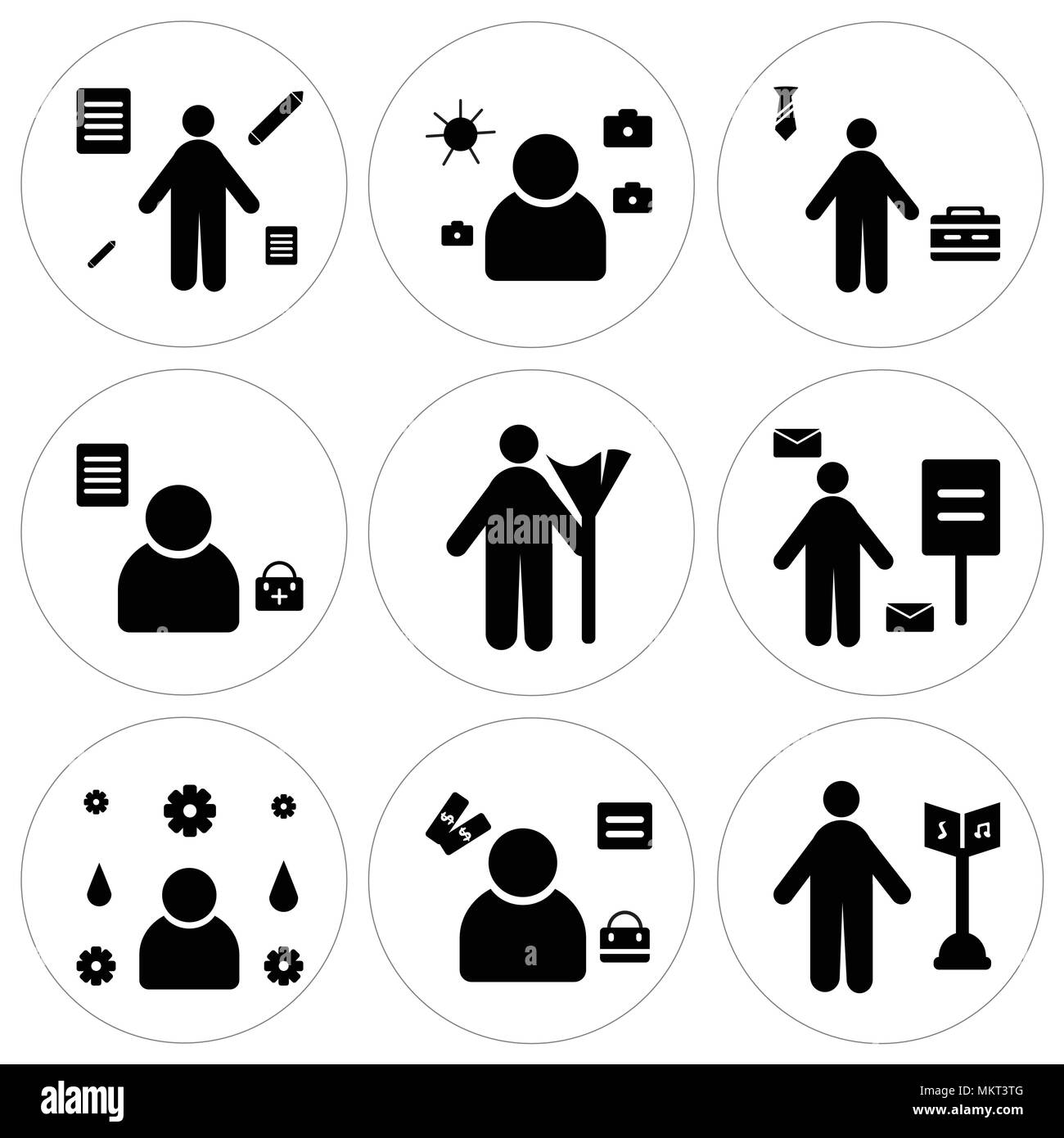 Set di 9 semplici icone modificabile come musicista, Manager, idraulico, portalettere, detergente, medico, imprenditore, fotografo, De, può essere usato per il mobile, abbiamo Illustrazione Vettoriale