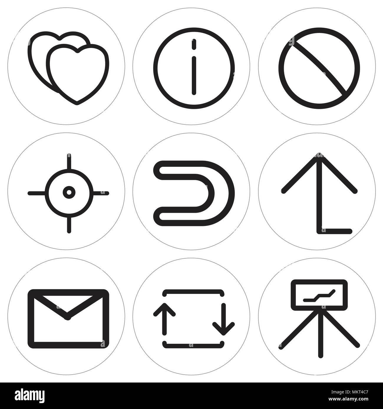 Set di 9 semplici icone modificabile come presentazione, esportazione, Busta, freccia su, magnete, Target, divieto, Info, cuore, può essere usato per il mobile, web Illustrazione Vettoriale