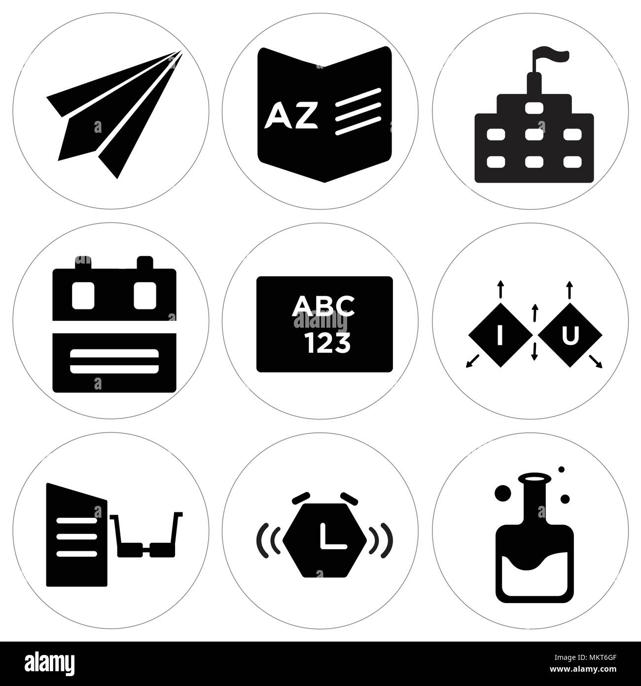 Set di 9 semplici icone modificabile come Pallone, sveglia, lettura, Cubo, ABC, zaino, scuola, Dizionario, aeroplano di carta, può essere usato per il mobile, web Illustrazione Vettoriale