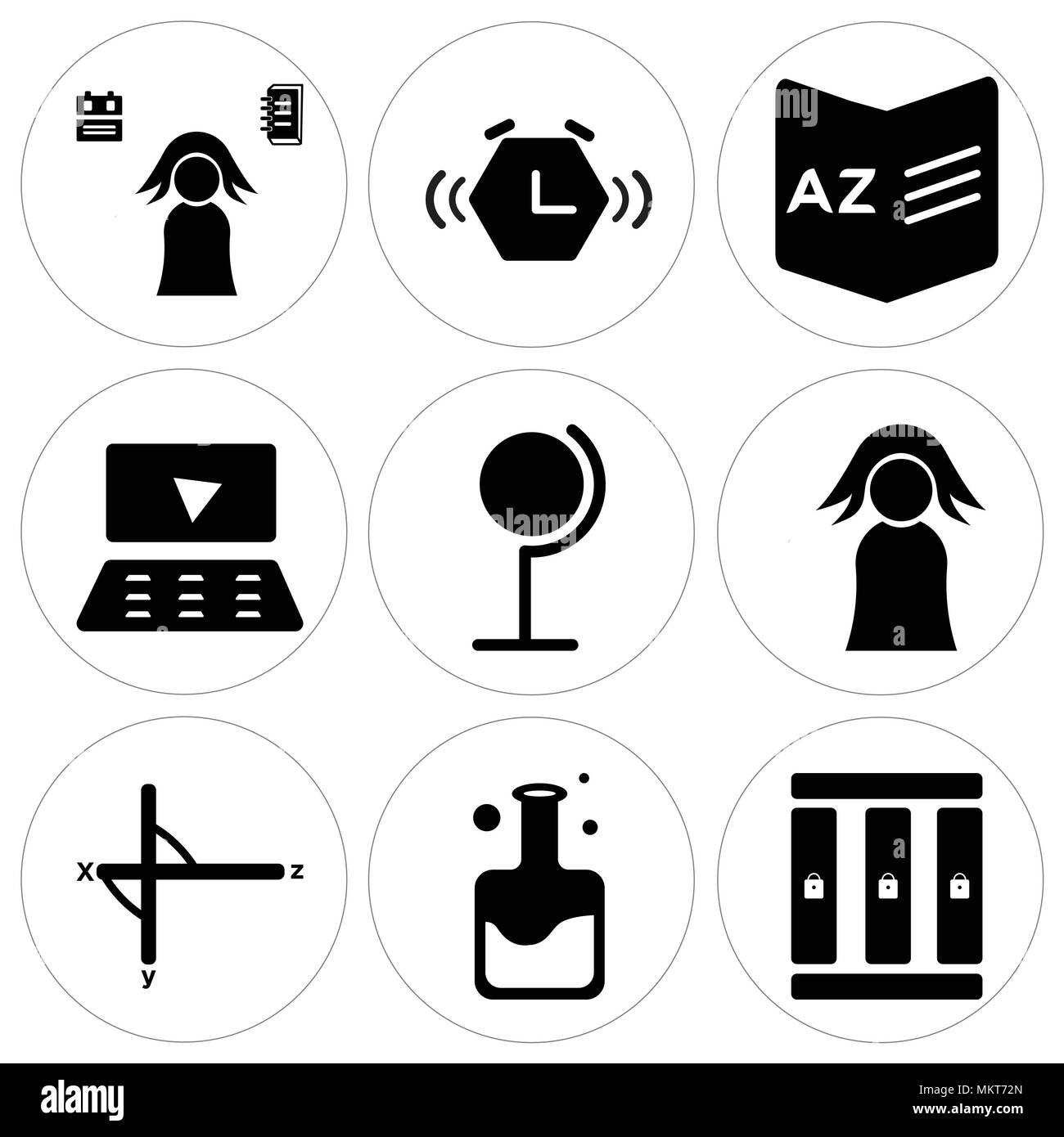 Set di 9 semplici icone modificabili quali armadietti, pallone, triangolo rettangolo, insegnante, globo terrestre, Laptop, Dizionario, sveglia, uno studente può essere utilizzata per Illustrazione Vettoriale