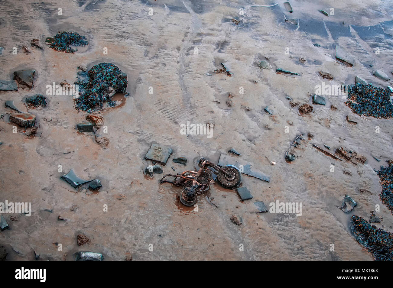 Spazzatura un letto del fiume. Vecchia moto oggetto di pratiche di dumping nel fiume Mersey e rivelato dalla marea. Foto Stock