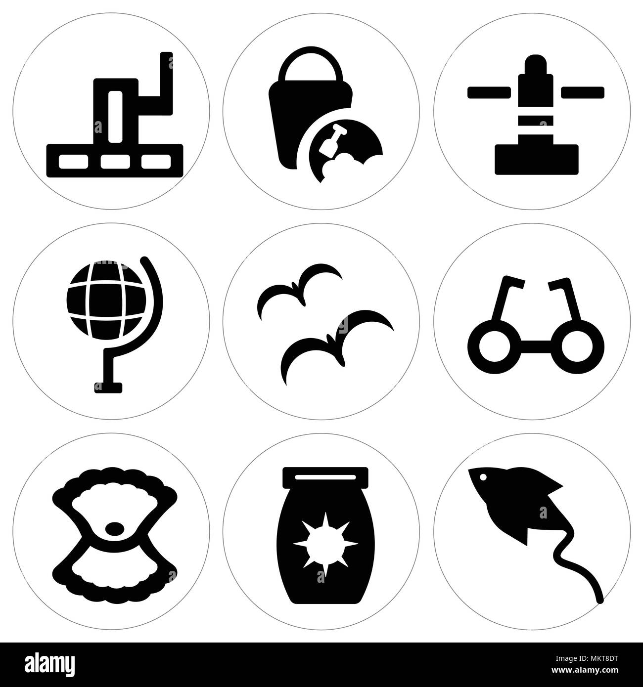 Set di 9 semplici icone modificabile come Manta Ray, solare, Big Shell, occhiali da sole, tre Gabbiani, globo terrestre, Cristo eemer, sabbia benna, Grand Illustrazione Vettoriale