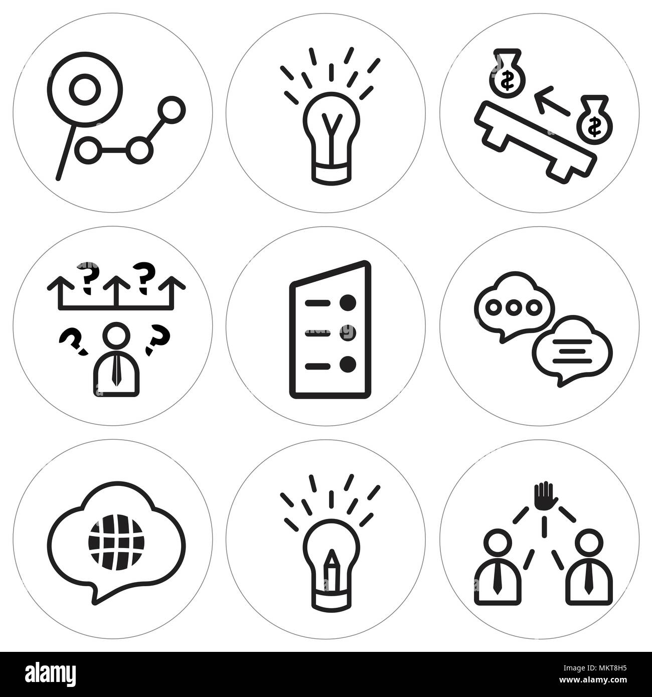 Set di 9 semplici icone modificabile come leader, creatività, traduttore, discussione, elenco, questione, equilibrio, Idea, analisi può essere utilizzato per il mobile, abbiamo Illustrazione Vettoriale