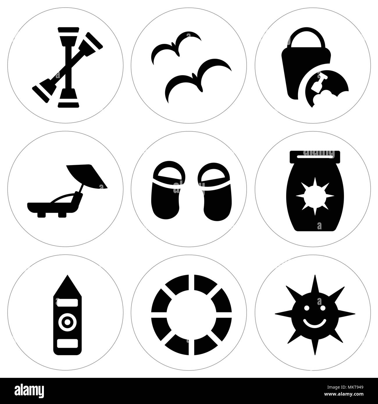 Set di 9 semplici icone modificabile come sorridente Sun, vita galleggiante con Square, il Big Ben, solare, due flip flop, ombrellone e sedia a sdraio, sabbia benna, T Illustrazione Vettoriale