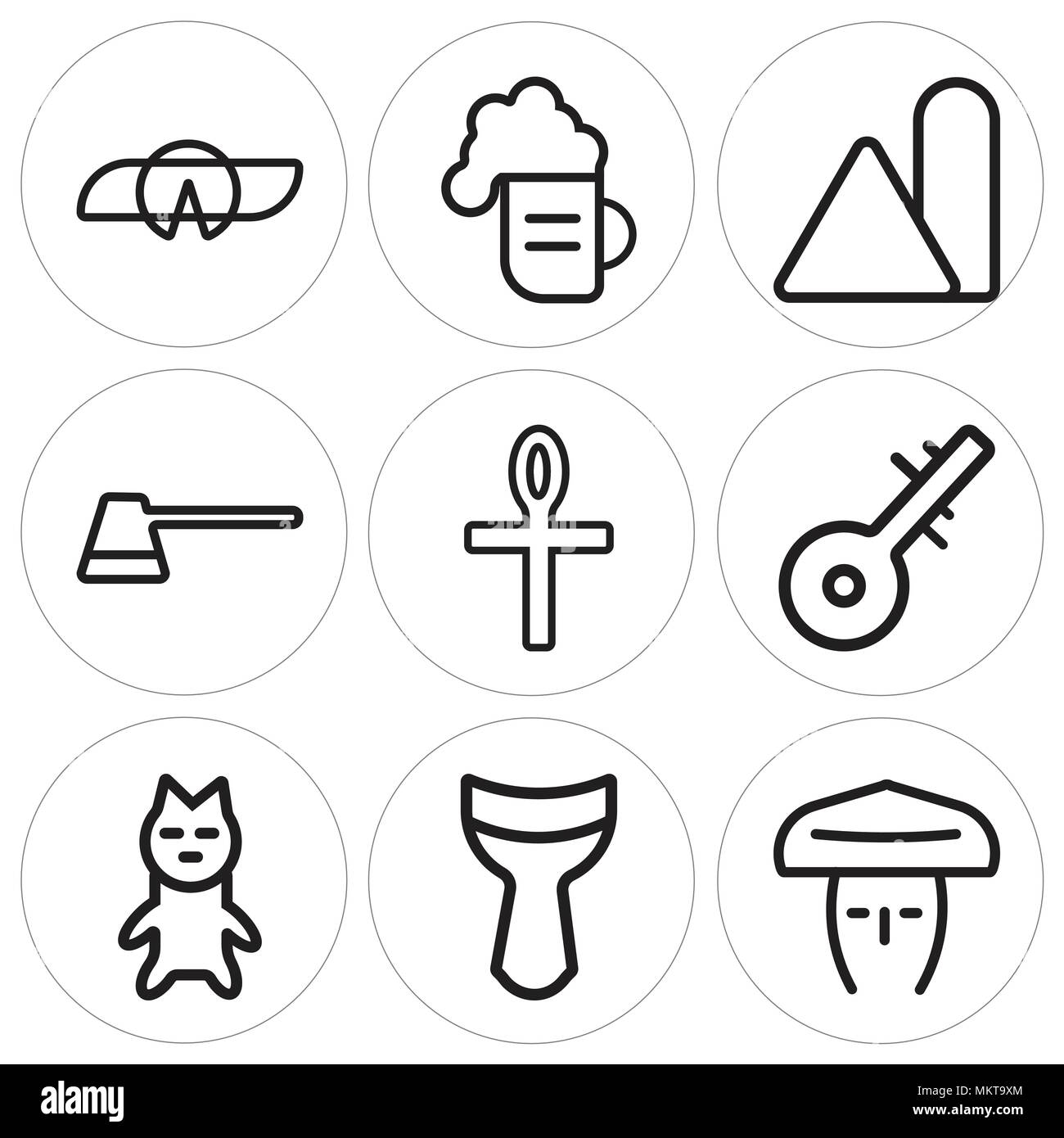 Set di 9 semplici icone modificabili quali Hat, djembe, Cat, strumento, Ankh, caffè, condimento, birra, Fortune cookie possono essere utilizzati per il mobile, web Illustrazione Vettoriale