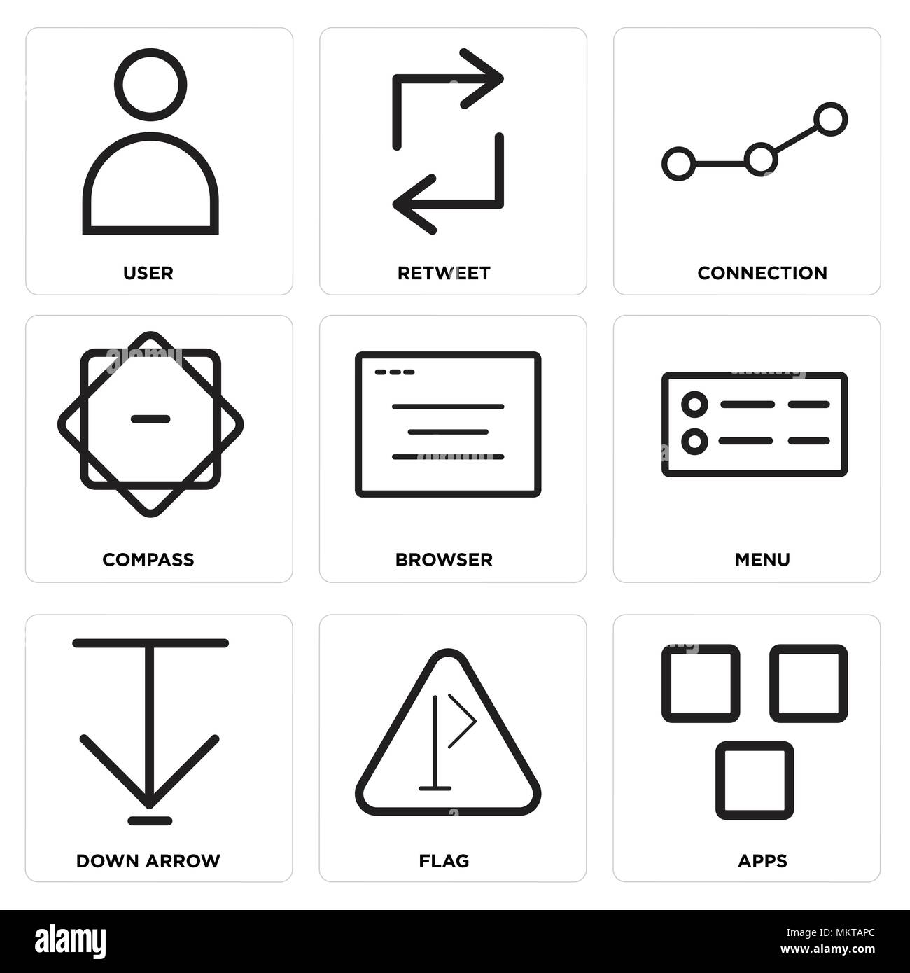 Set di 9 semplici icone modificabili quali app, Bandiera, freccia giù, Menu, Browser, bussola, Connessione Retweet, utente, può essere usato per il mobile, web Illustrazione Vettoriale
