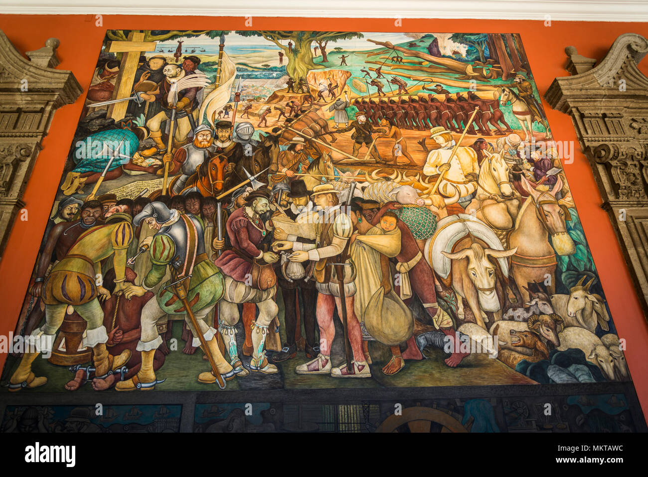 Diego Rivera mural " Arrivo di Hernan Cortez a Veracruz', 1951, Palazzo Nazionale, Palacio Nacional, il palazzo del governo, Città del Messico, Messico Foto Stock