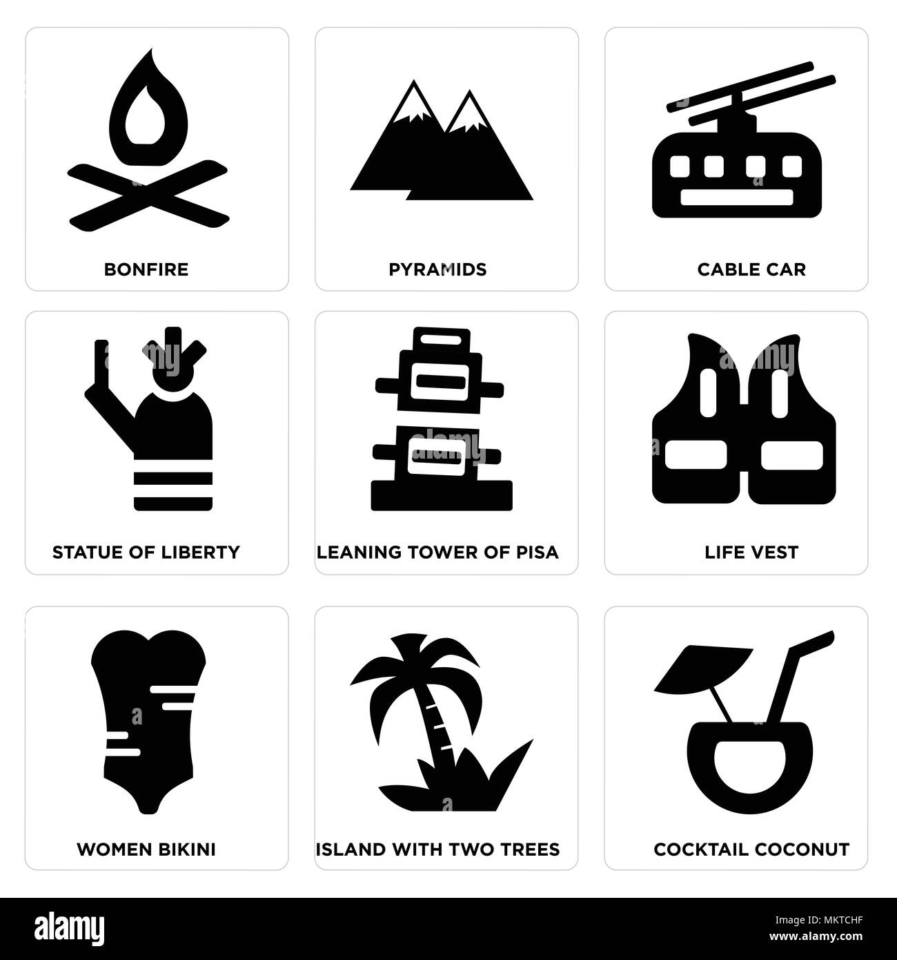 Set di 9 semplici icone modificabili quali Cocktail di cocco, Isola con due alberi, donne Bikini, giubbotto salvagente, Torre Pendente di Pisa, la Statua della Libertà, cavo Illustrazione Vettoriale
