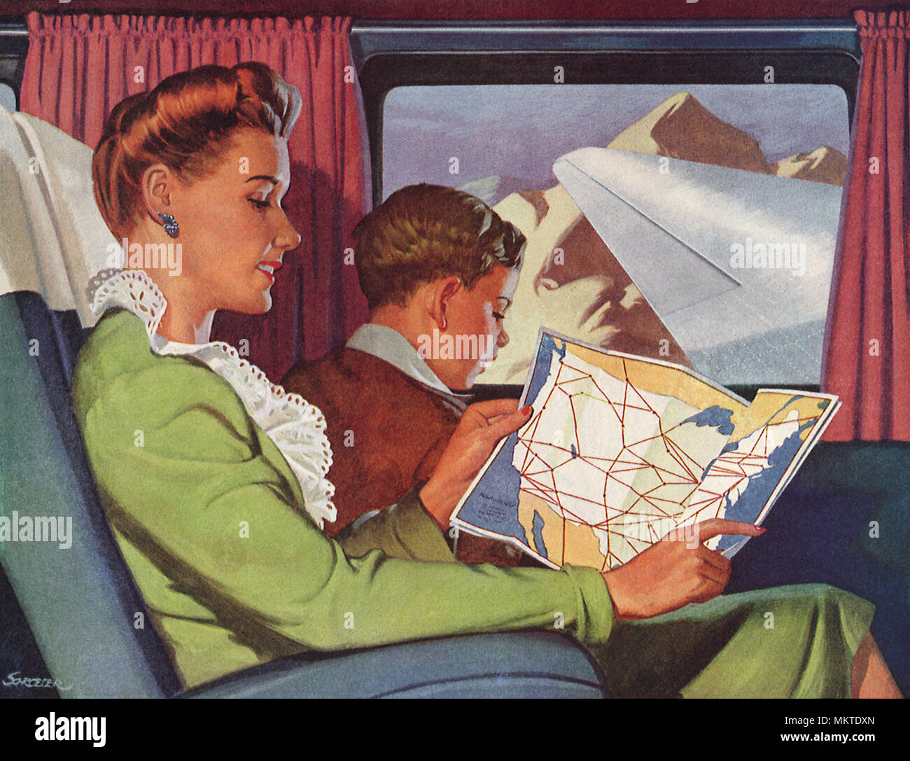 Madre guarda la mappa come figlio guarda fuori la finestra Piano Foto Stock