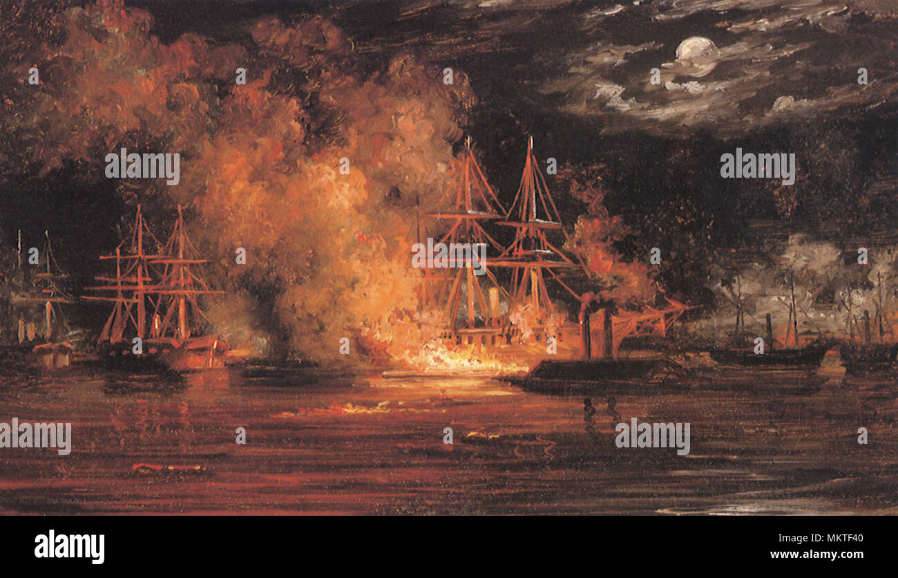 C.S.S. Manassas spingendo Fire Barge nel Museo della Portaerei U.S.S. Hartford Foto Stock