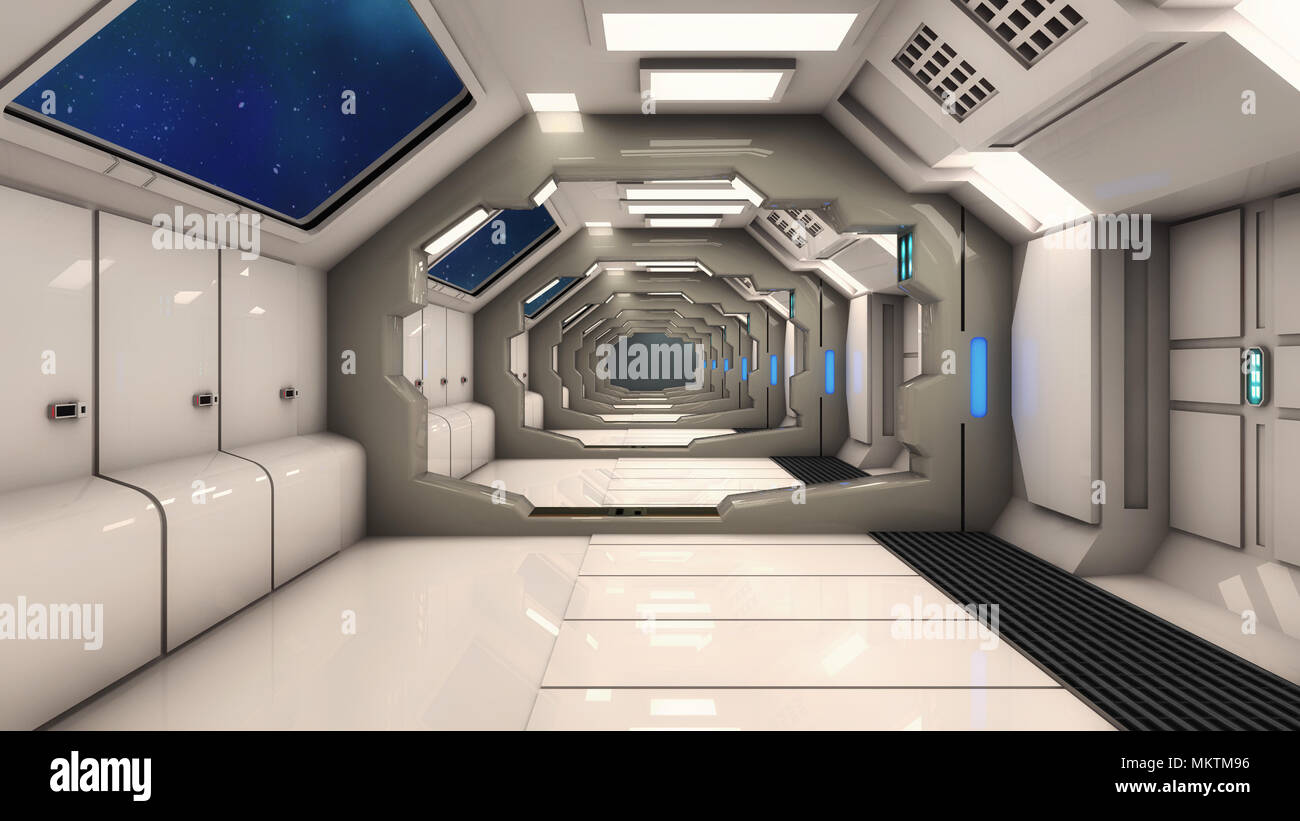 3D Render. Astronave futuristico con corridoio interno Foto Stock