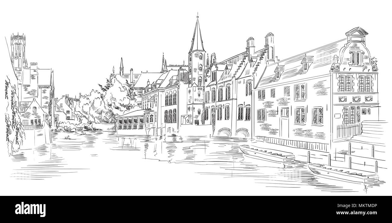 Vista su acqua di Rozenhoedkaai canal a Bruges, Belgio. Punto di riferimento del Belgio. Vettore di disegno a mano illustrazione in colore nero isolato su bianco backgroun Illustrazione Vettoriale