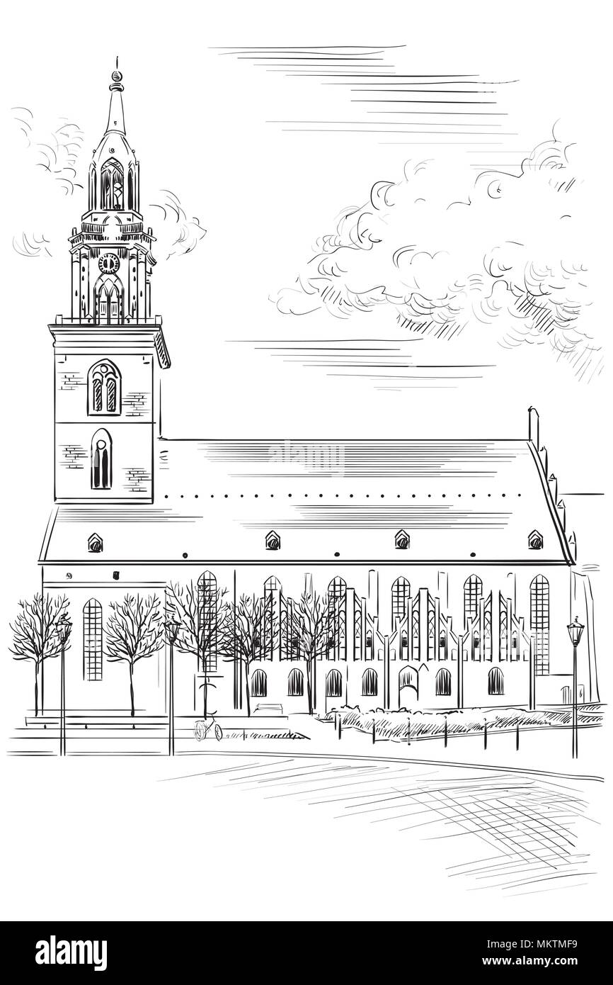 La Chiesa di Santa Maria in Berlino (Lubecca), Germania. Punto di riferimento di Berlino. Vettore di disegno a mano illustrazione in colore nero isolato su sfondo bianco. Illustrazione Vettoriale