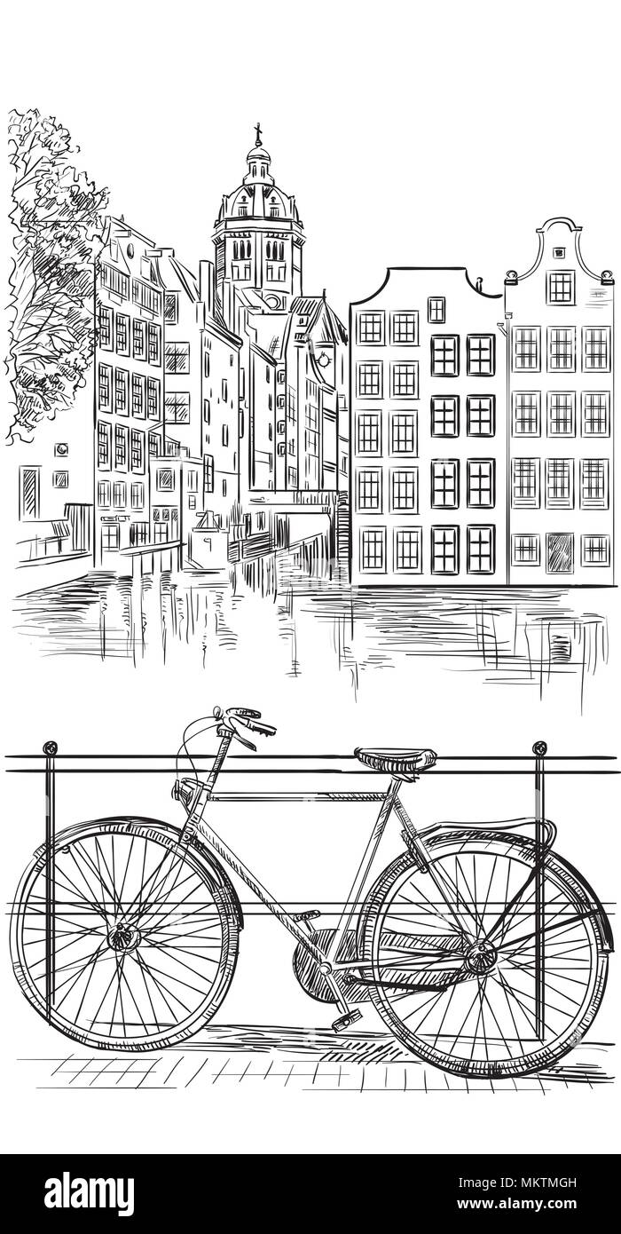 Bicicletta sul ponte sul canale di Amsterdam, Paesi Bassi. Punto di riferimento dei Paesi Bassi. Vettore di disegno a mano illustrazione in colore nero isolato su bianco Illustrazione Vettoriale