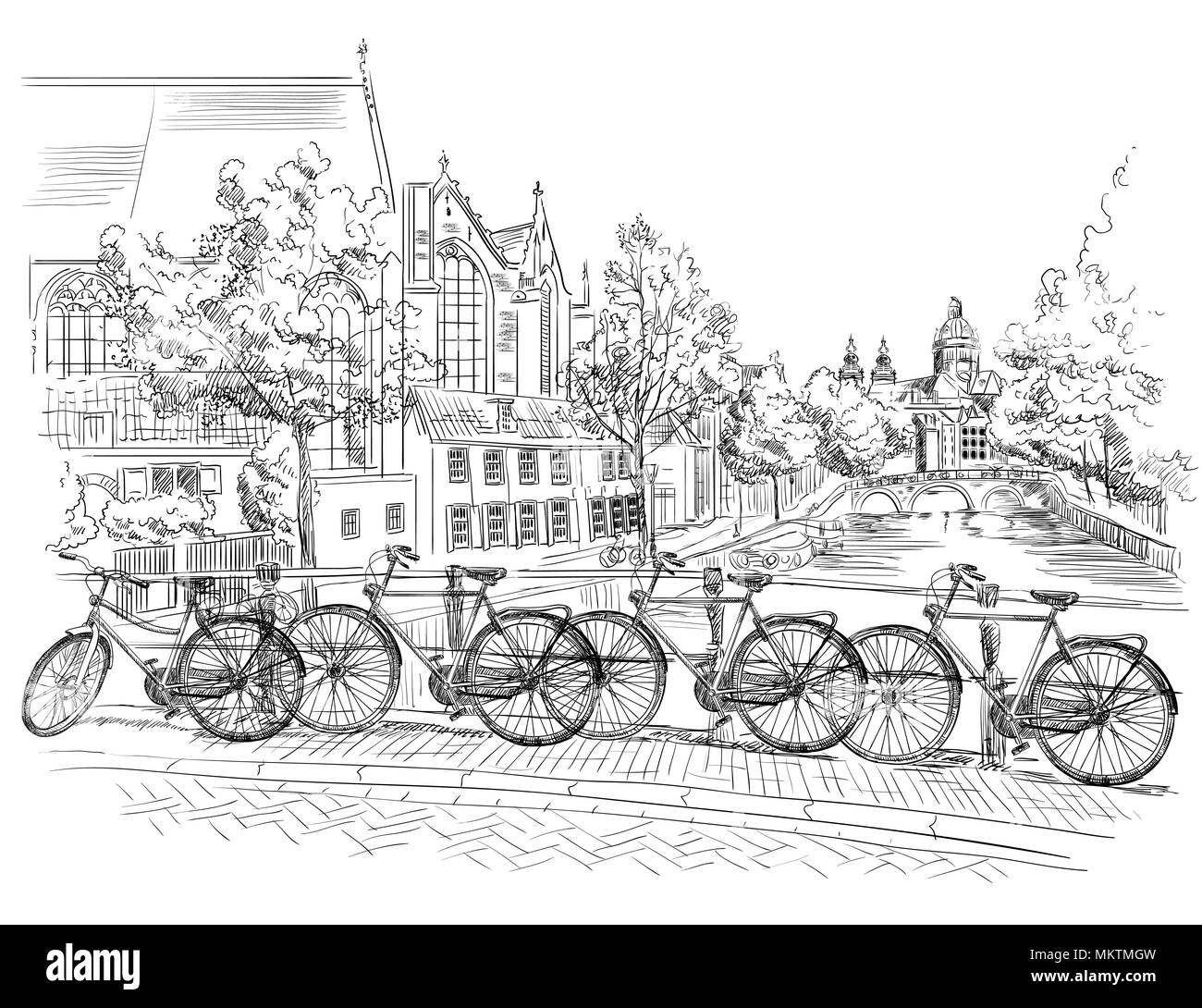 Biciclette sul ponte su canali di Amsterdam, Paesi Bassi. Punto di riferimento dei Paesi Bassi. Vettore di disegno a mano illustrazione in colore nero isolato su whi Illustrazione Vettoriale