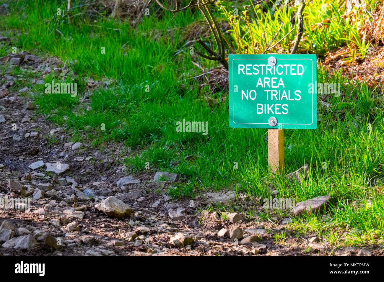 'No Trial Bike' avviso nel Parco Nazionale di Peak District Foto Stock