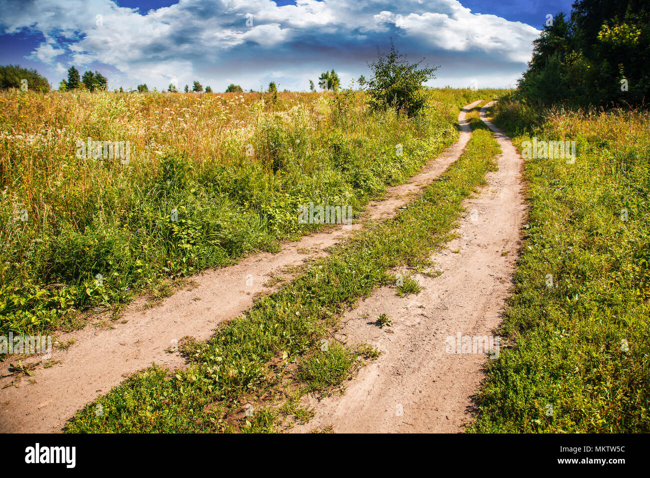 Vecchia strada sterrata nel campo sul calore estivo soleggiato giorno Foto Stock