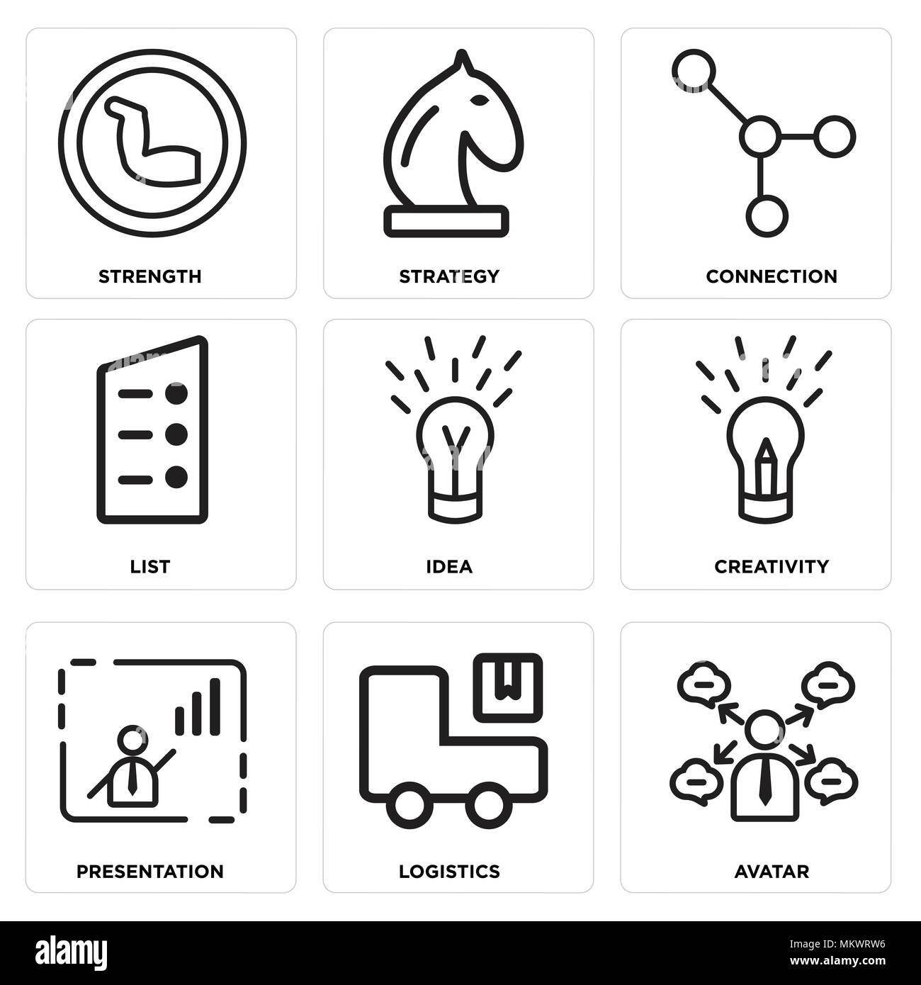Set di 9 semplici icone modificabile come Avatar, logistica, presentazione, creatività, Idea, elenco, Connection, strategia, forza, possono essere utilizzati per la telefonia mobile Illustrazione Vettoriale