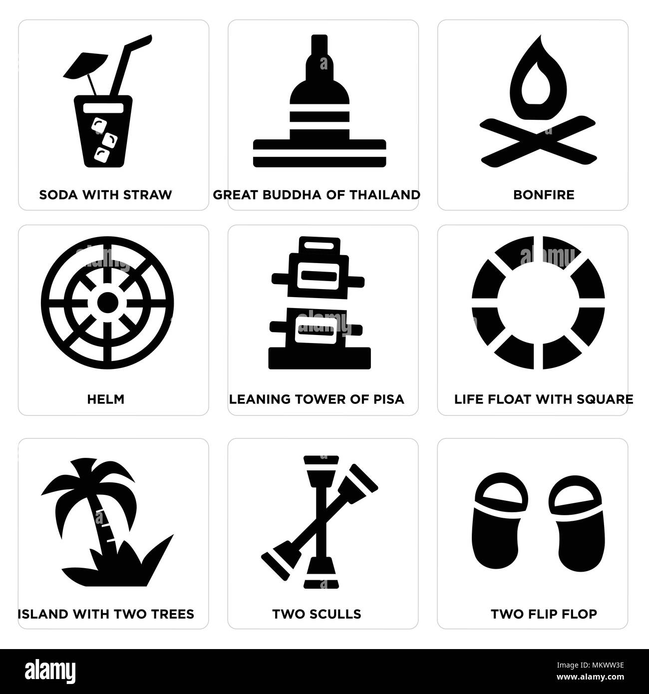 Set di 9 semplici icone modificabile come due flip flop, Skiff, Isola con alberi, Vita Piazza galleggiante, la torre pendente di pisa, Timone, falò, Grande Buddha Illustrazione Vettoriale