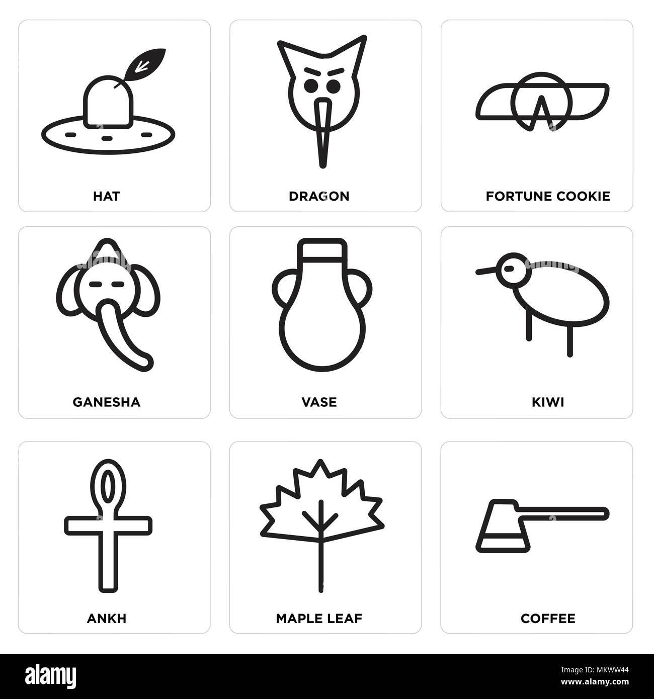 Set di 9 semplici icone modificabili quali caffè, Maple Leaf, Ankh, Kiwi, VASE, Ganesha, Fortune cookie, Dragon, cappello, può essere usato per il mobile, web Illustrazione Vettoriale