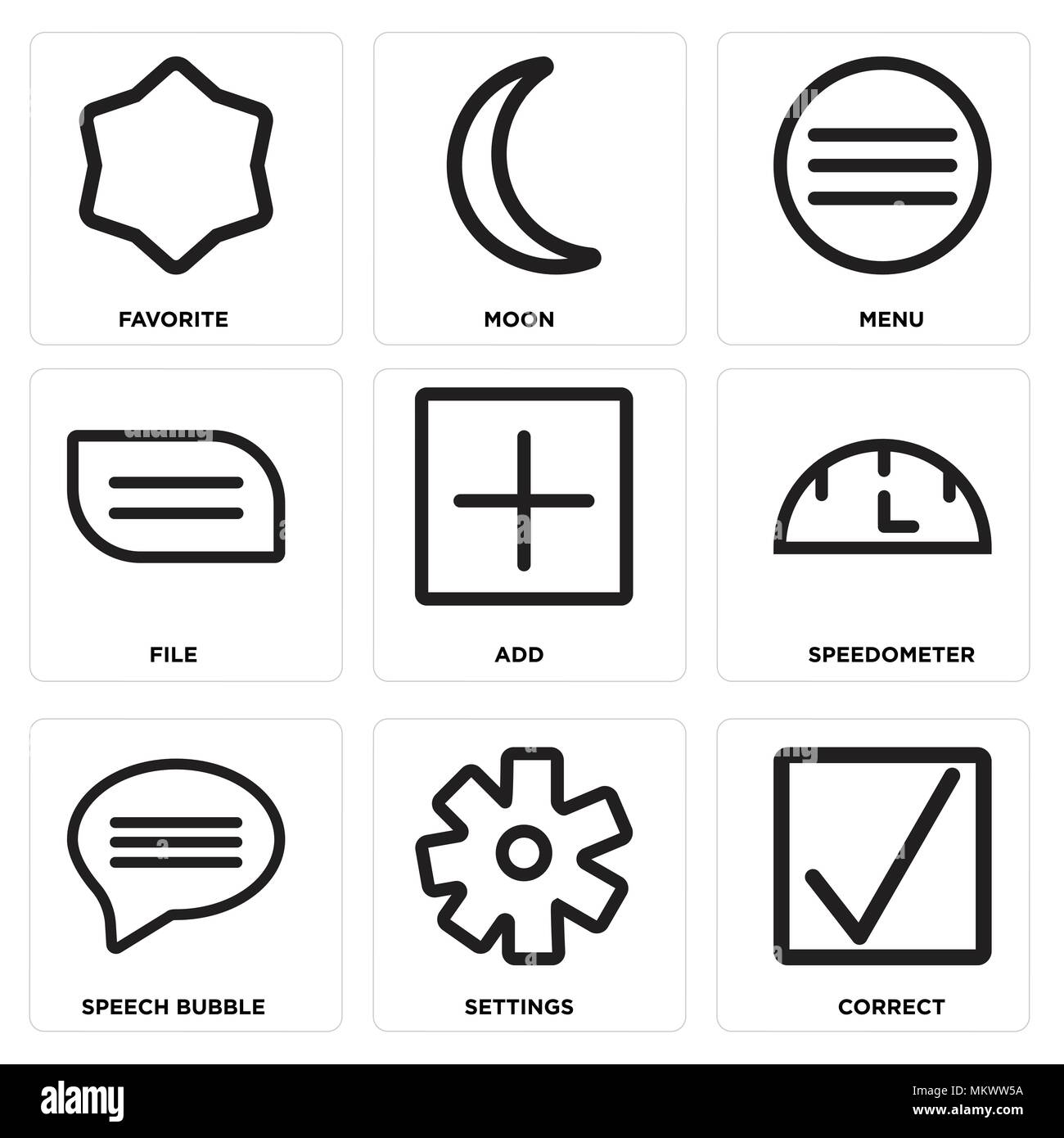Set di 9 semplici icone modificabile come corretto, Impostazioni, discorso bolla, Tachimetro, aggiungere file, Menu, Luna, preferito, può essere usato per il mobile, web Illustrazione Vettoriale